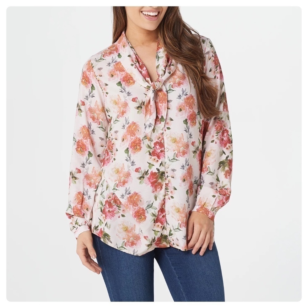 Tolani Collection Floral Long Sleeve Top Neck tie